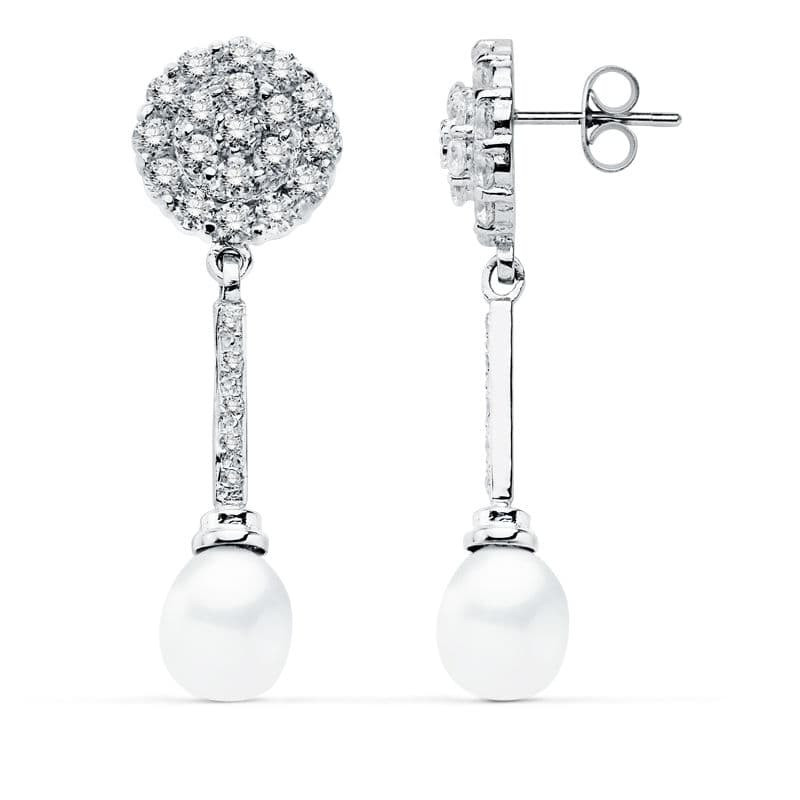 18K PENDIENTES ORO BLANCO PERLA 39X12 MM CIERRE PRESION
