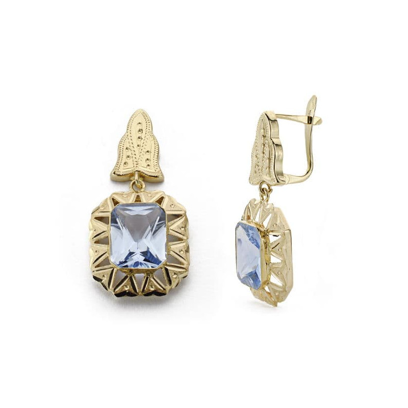 18K PENDIENTES CUBANAS 2 CUERPOS ORO AMARILLO PIEDRA RECTANGULAR CIERRE CATALAN