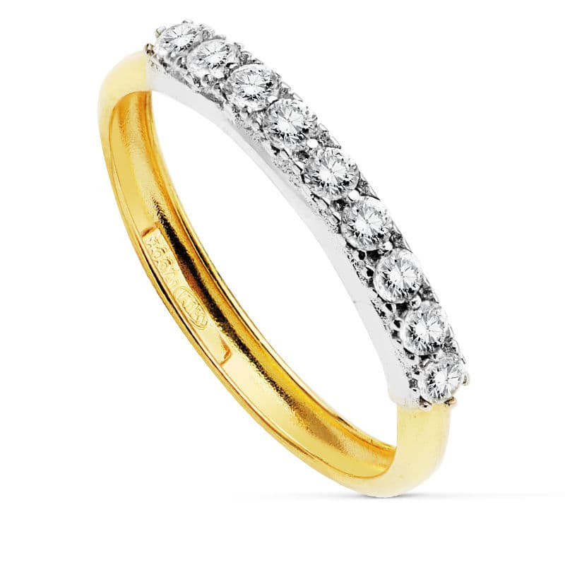 18K SORTIJA ORO BICOLOR CON MOTIVO DE 9 CIRCONITAS