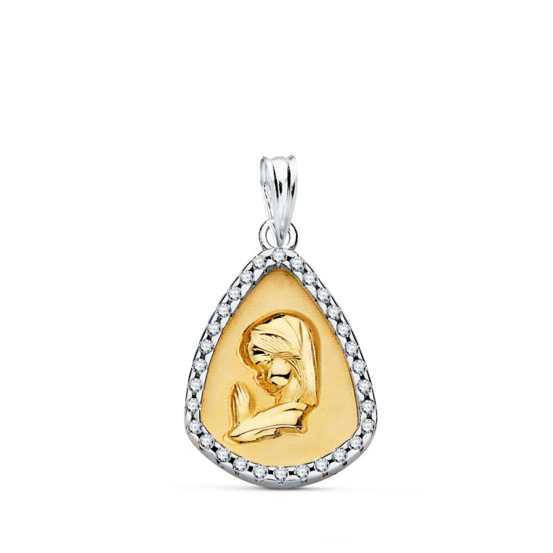 18K COLGANTE ORO BICOLOR VIRGEN NIÑA CON CERCO Y CIRCONITA 18X14 MM