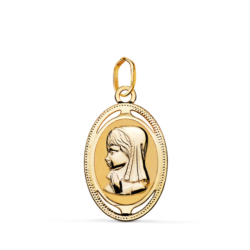 18K MEDALLA ORO AMARILLO OVAL VIRGEN NIÑA CON BORDE TALLADO Y CALADO 19X12 MM