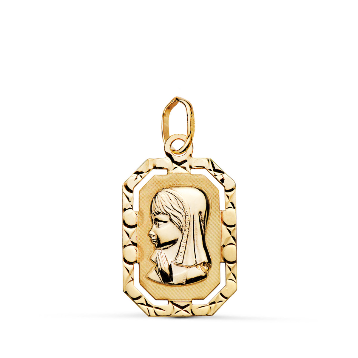 18K MEDALLA ORO AMARILLO VIRGEN NIÑA RECTANGULAR CALADA BORDE TALLADO. MEDIDA: 20 X 12 MM