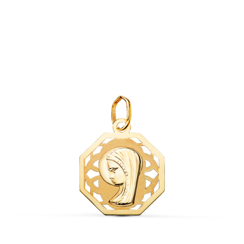 18K MEDALLA ORO AMARILLO VIRGEN NIÑA OCTOGONAL CALADA MATE Y BRILLO. MEDIDA: 17 X 15 MM