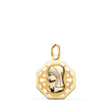 18K MEDALLA ORO AMARILLO VIRGEN NIÑA OCTOGONAL CALADA MATE Y BRILLO. MEDIDA: 17 X 15 MM