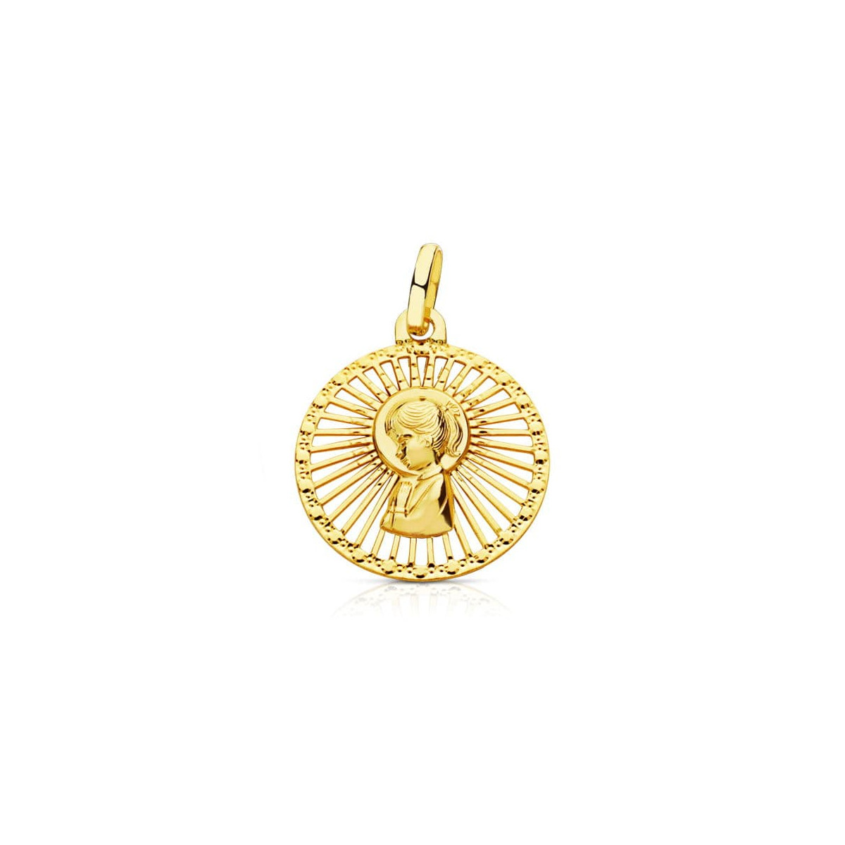 18K MEDALLA ORO AMARILLO VIRGEN NIÑA CERCO CALADO 21X18 MM