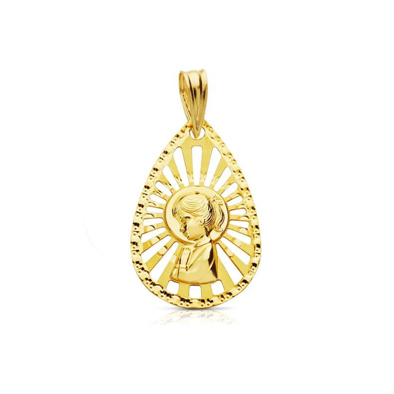 18K MEDALLA ORO AMARILLO VIRGEN NIÑA CERCO CALADO 22X19 MM
