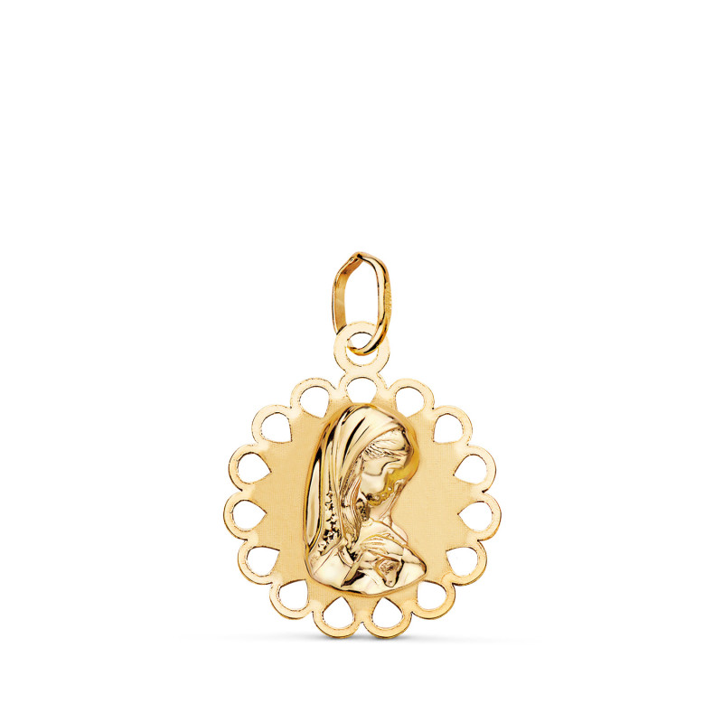 9K MEDALLA ORO AMARILLO VIRGEN NIÑA REDONDA CALADA MATE Y BRILLO. MEDIDA: 18 X 15 MM