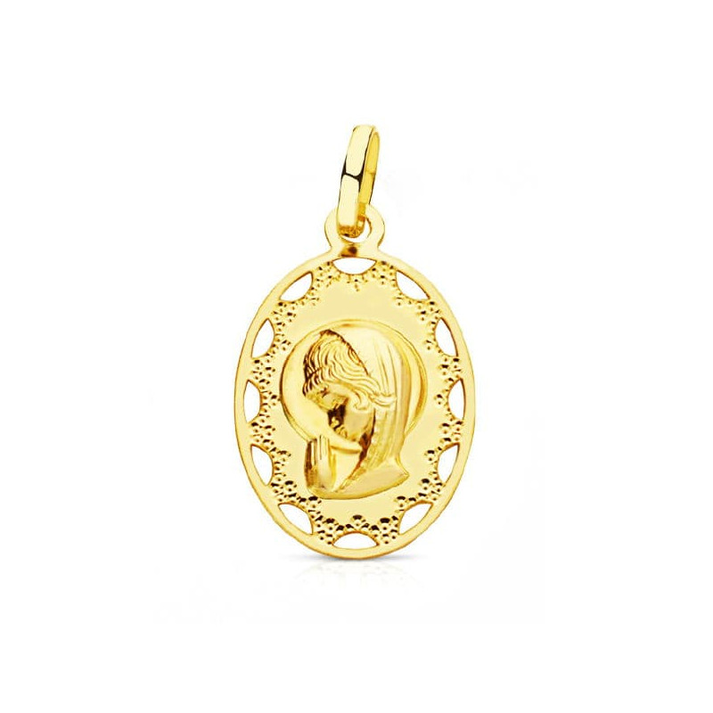 18K MEDALLA ORO AMARILLO VIRGEN NIÑA OVAL CERCO CALADO 23X14 MM