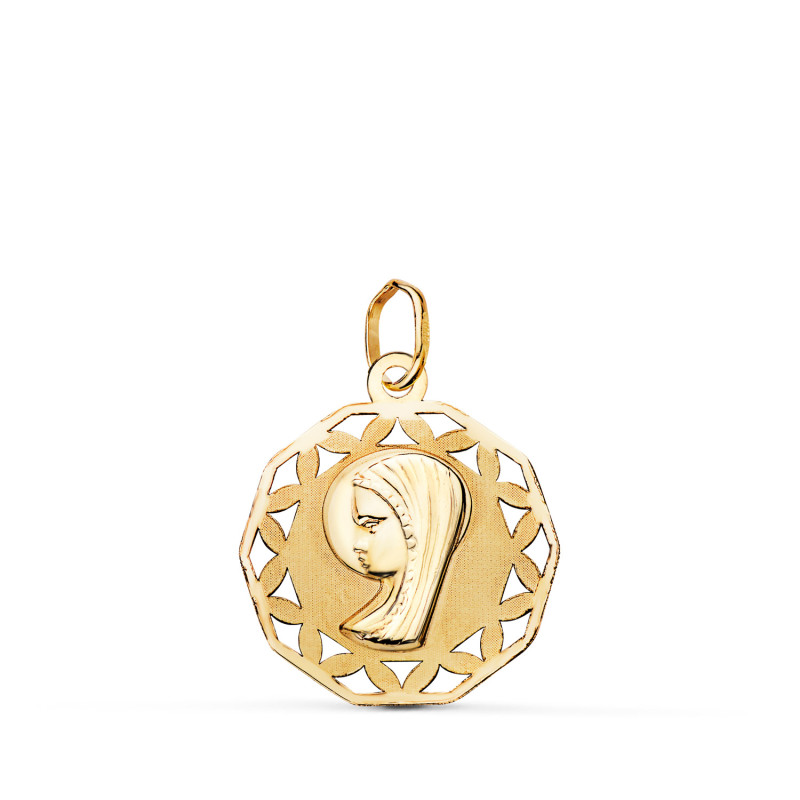 18K MEDALLA ORO AMARILLO VIRGEN NIÑA CALADA Y MATIZADA. MEDIDA: 19 X 16,5 MM