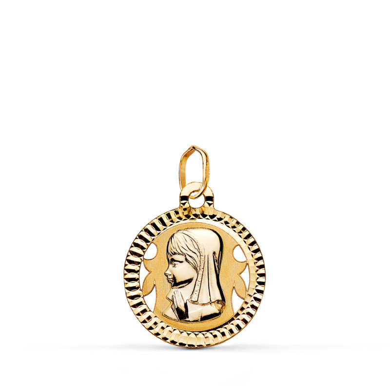 18K MEDALLA ORO AMARILLO VIRGEN NIÑA REDONDA TALLADA MATE Y BRILLO. MEDIDA: 16 MM