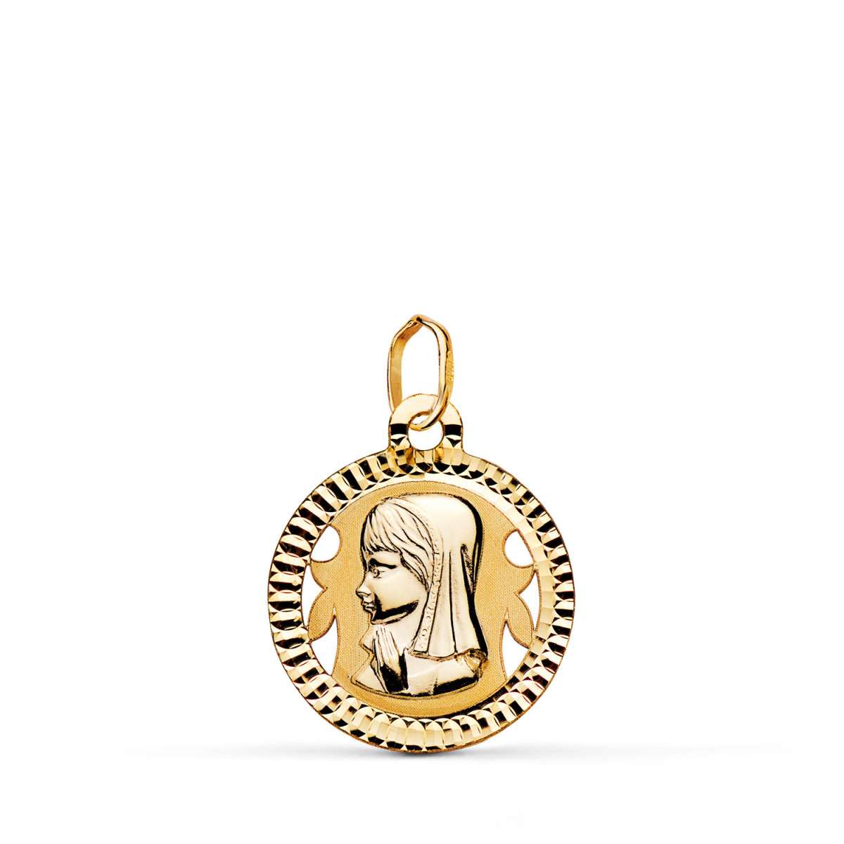 18K MEDALLA ORO AMARILLO VIRGEN NIÑA REDONDA TALLADA MATE Y BRILLO. MEDIDA: 16 MM