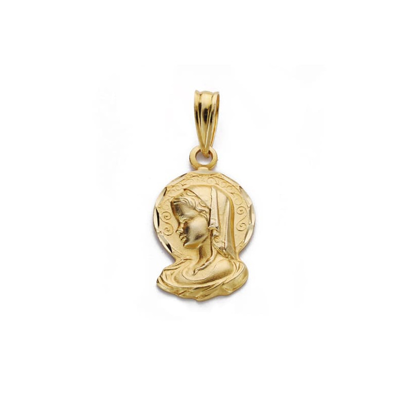 18K MEDALLA ORO AMARILLO SILUETA VIRGEN NIÑA TALLADA 19X16 MM
