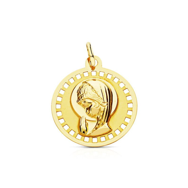 18K MEDALLA ORO AMARILLO VIRGEN NIÑA REDONDA CALADA 18 MM