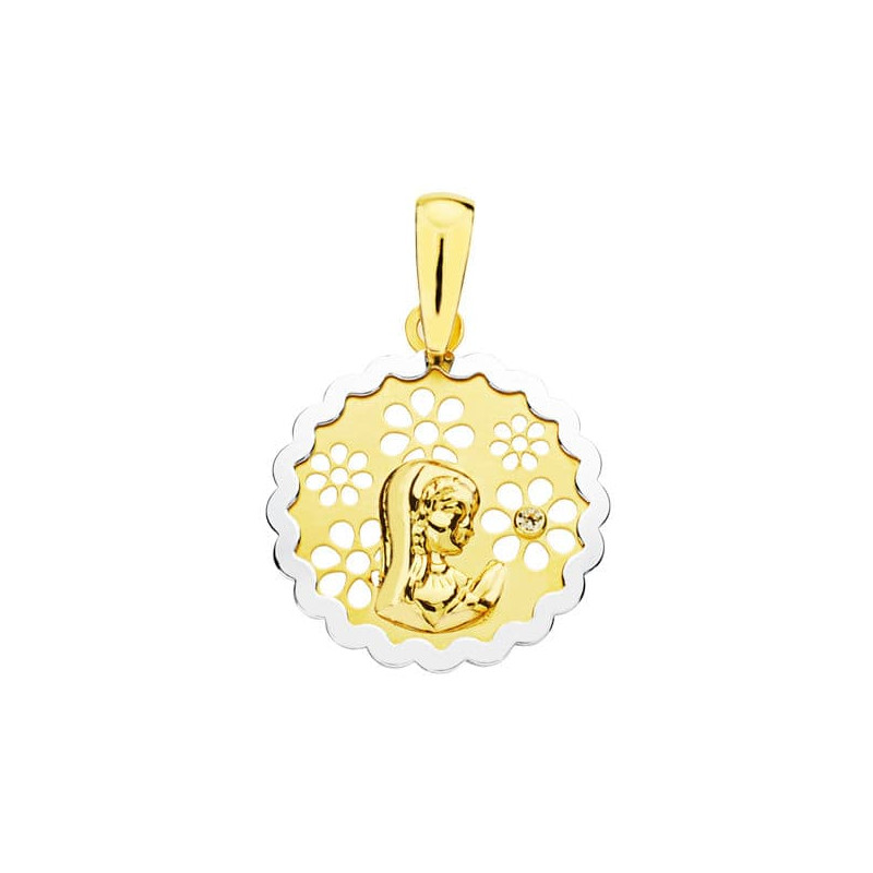 18K MEDALLA ORO BICOLOR VIRGEN NIÑA  CIRCONITA 15 MM