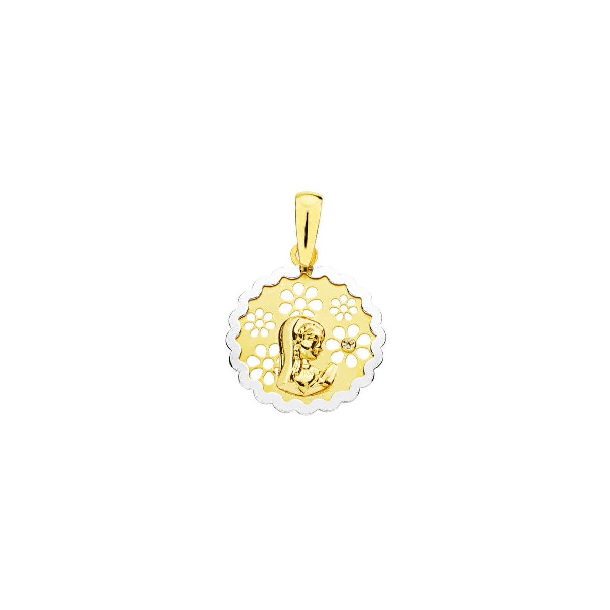 18K MEDALLA ORO BICOLOR VIRGEN NIÑA  CIRCONITA 15 MM