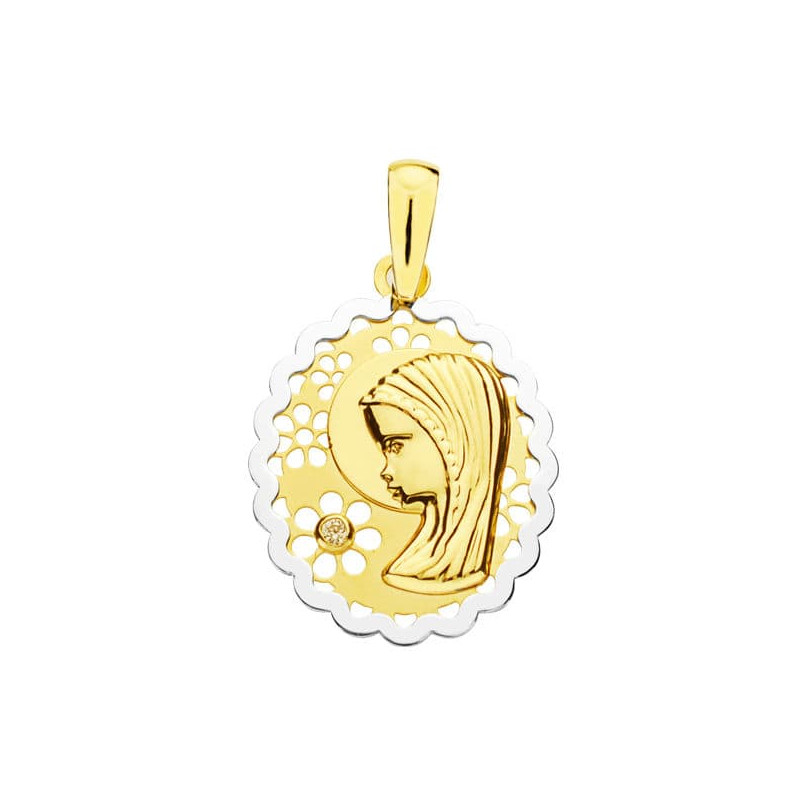 18K MEDALLA ORO AMARILLO VIRGEN NIÑA BICOLOR OVAL 21X16 MM