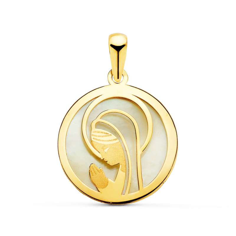 18K MEDALLA ORO AMARILLO VIRGEN NIÑA NACAR REDONDA 17 MM