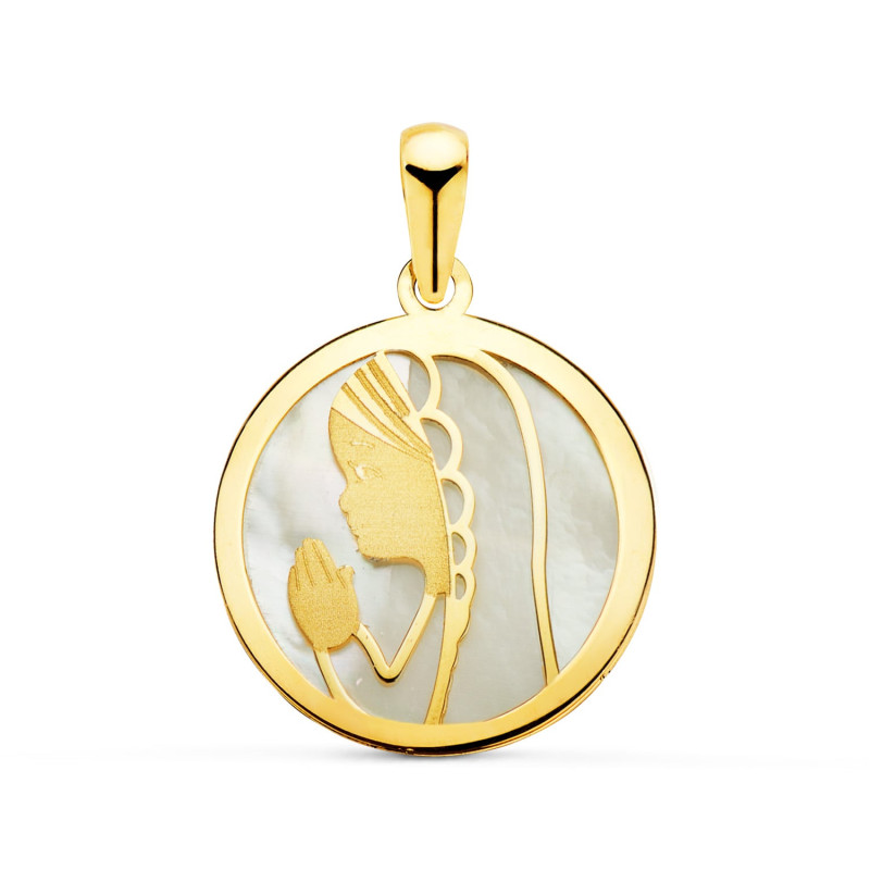 18K MEDALLA ORO AMARILLO VIRGEN NIÑA NACAR REDONDA 17 MM