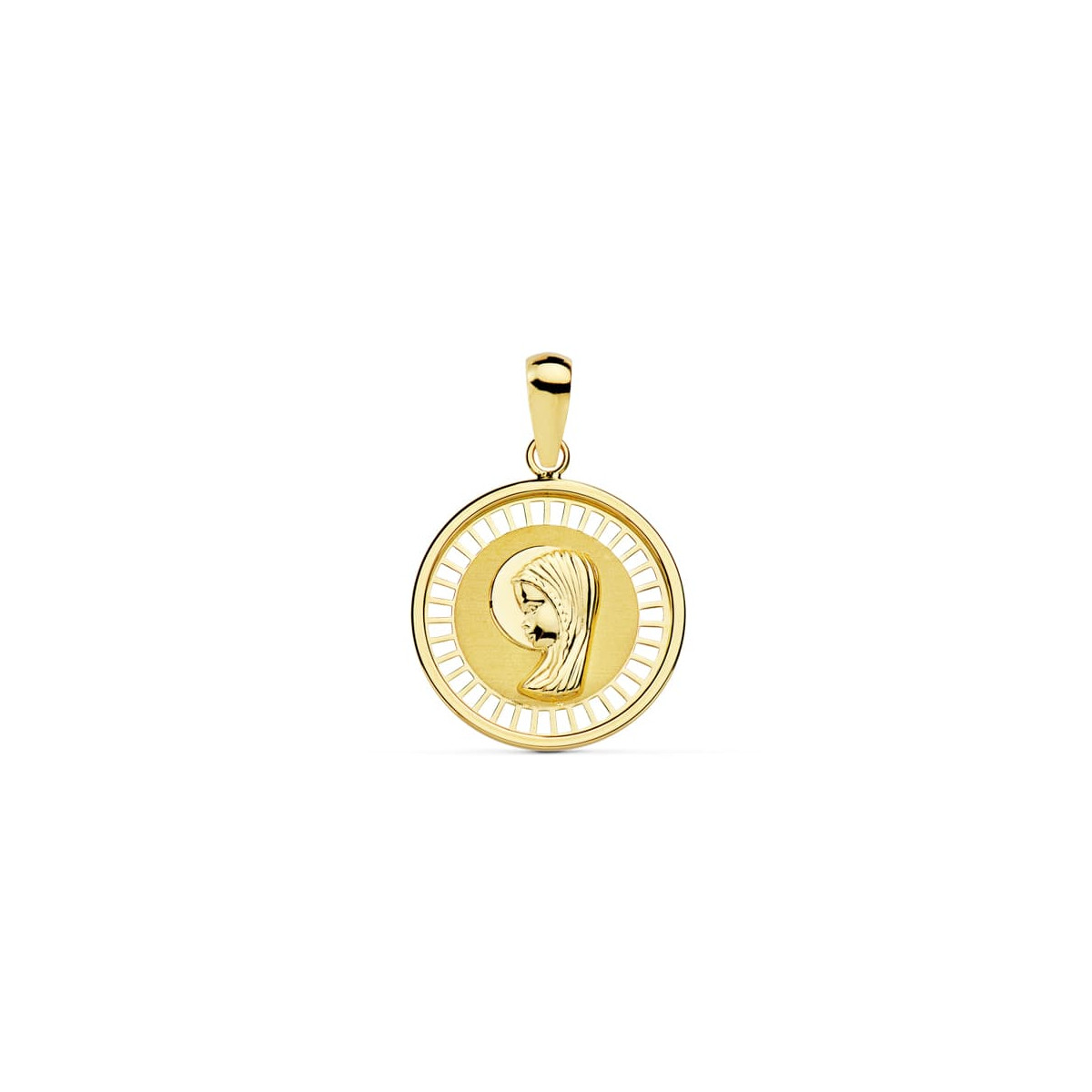 18K MEDALLA ORO AMARILLO VIRGEN NIÑA CERCO CALADO 18 MM