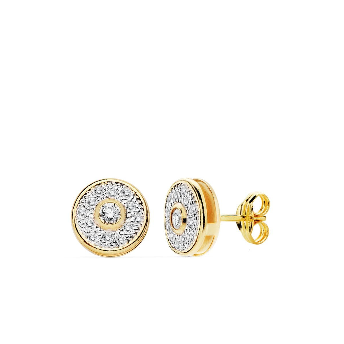 18K PENDIENTES ORO BICOLOR REDONDOS 8 MM CIERRE PRESION