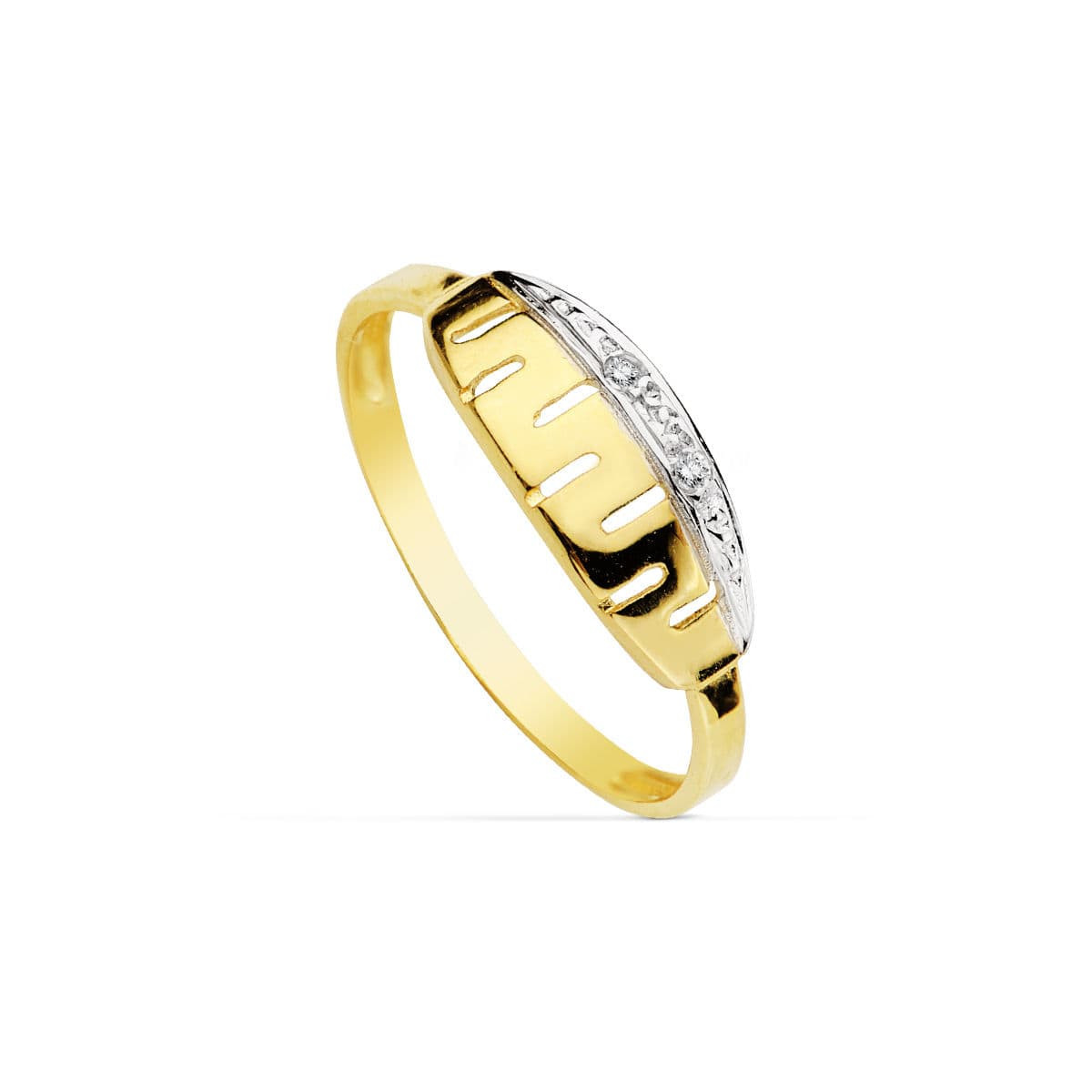 18K SORTIJA ORO BICOLOR CON MOTIVO CALADO GRECA Y CIRCONITAS. ANCHO: 6 MM