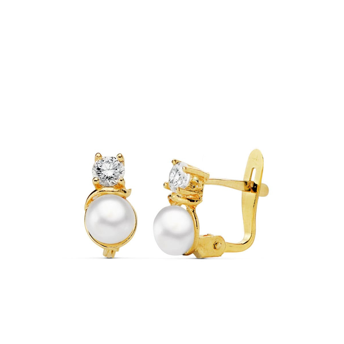 18K PENDIENTES OROA AMARILLO PERLA Y CIRCONITA 8X4 MM CIERRE CATALAN