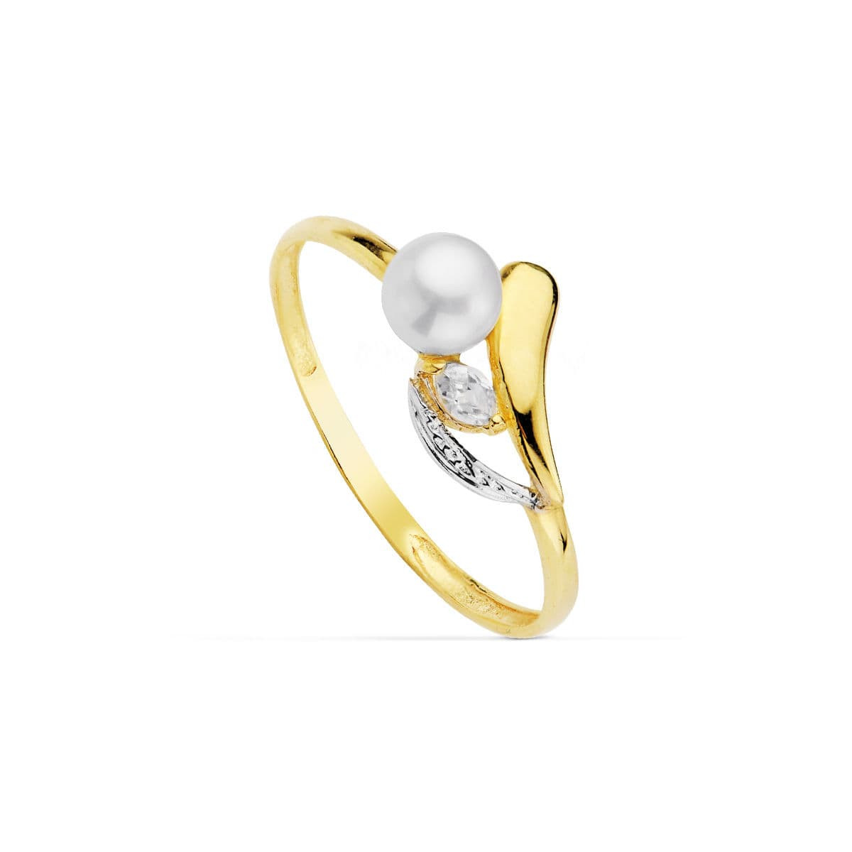 18K SORTIJA ORO BICOLOR CON PERLA 4,5 MM Y CIRCONITAS. ANCHO: 8,5 MM