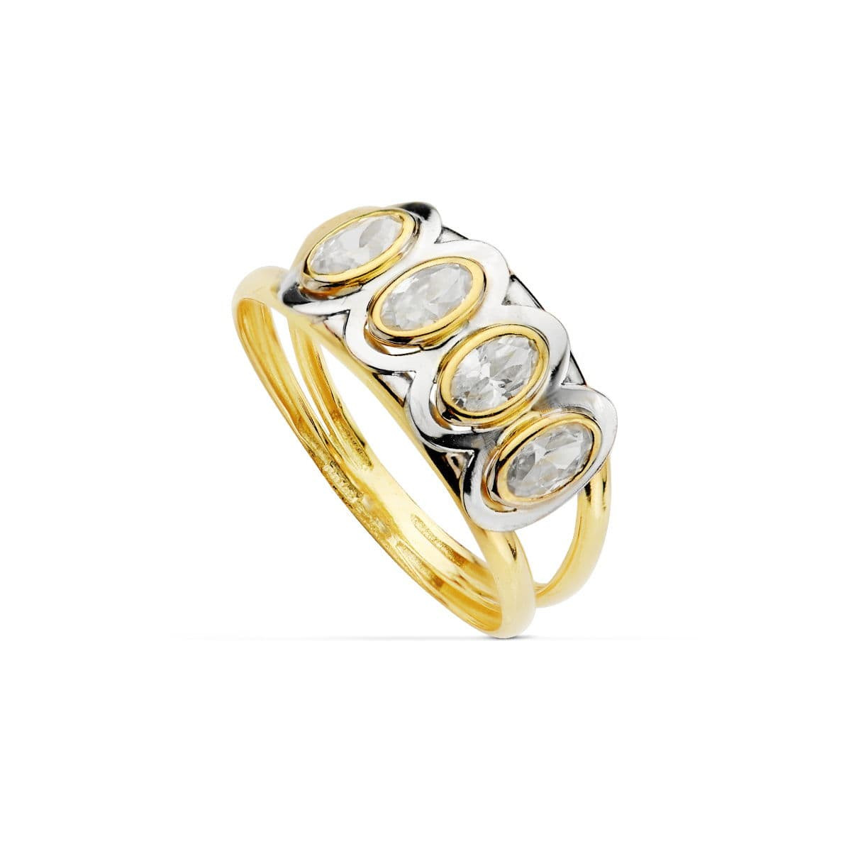 18K SORTIJA ORO BICOLOR DOBLE CUERPO CON CIRCONITAS BLANCAS OVALES. ANCHO: 9,5 MM