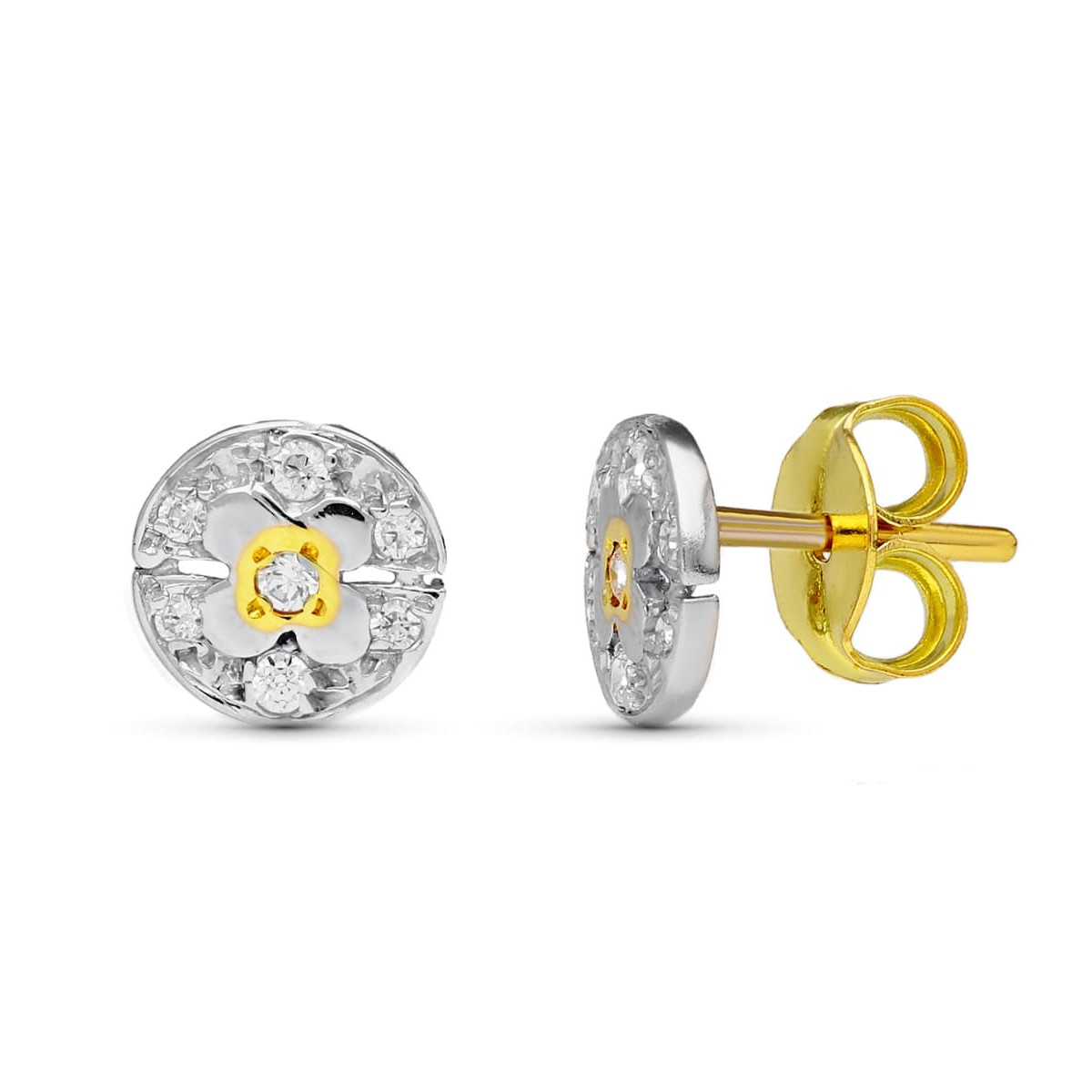 18K PENDIENTES ORO BICOLOR CIRCONITA 8 MM CIERRE PRESION