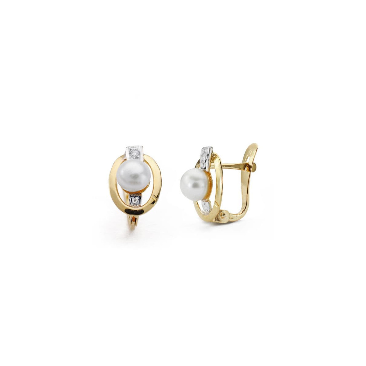 18K PENDIENTES ORO BICOLOR COMUNION PERLA CIRCONITA 10X7 MM CIERRE CATALAN