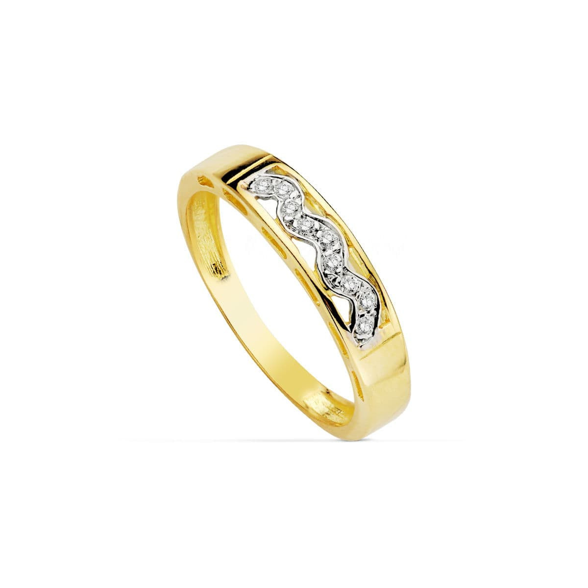 18K SORTIJA ORO BICOLOR MACIZA CALADA CON CIRCONITA. ANCHO: 4 MM