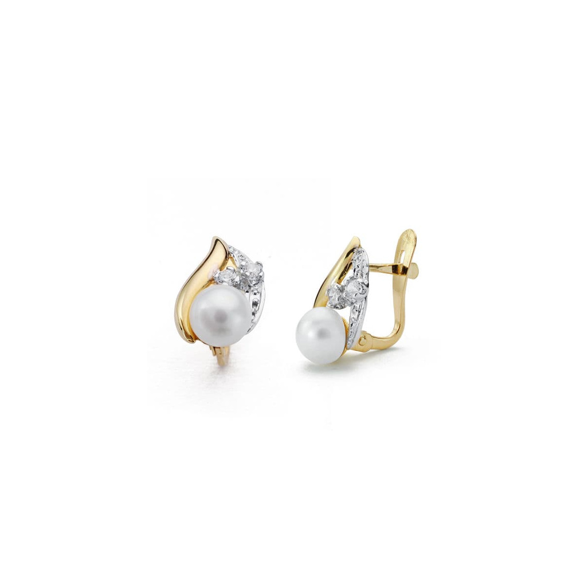 18K PENDIENTES ORO BICOLOR COMUNION. PERLA CIRCONITA 12X7 MM CIERRE CATALAN