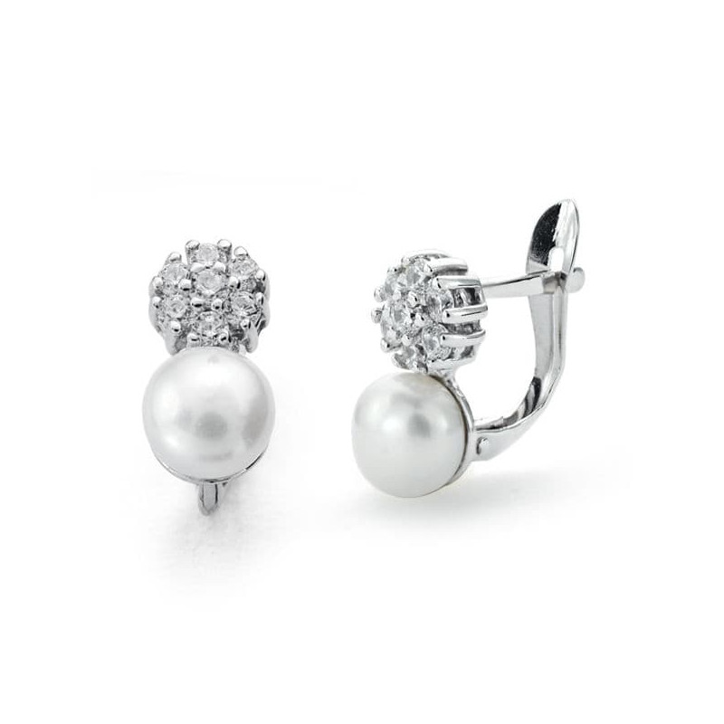 18K PENDIENTES ORO BLANCO PERLA-CIRCONITA 12X6 MM CIERRE CATALAN