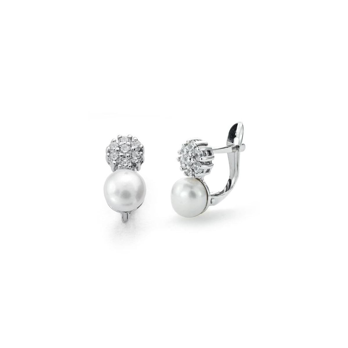 18K PENDIENTES ORO BLANCO PERLA-CIRCONITA 12X6 MM CIERRE CATALAN