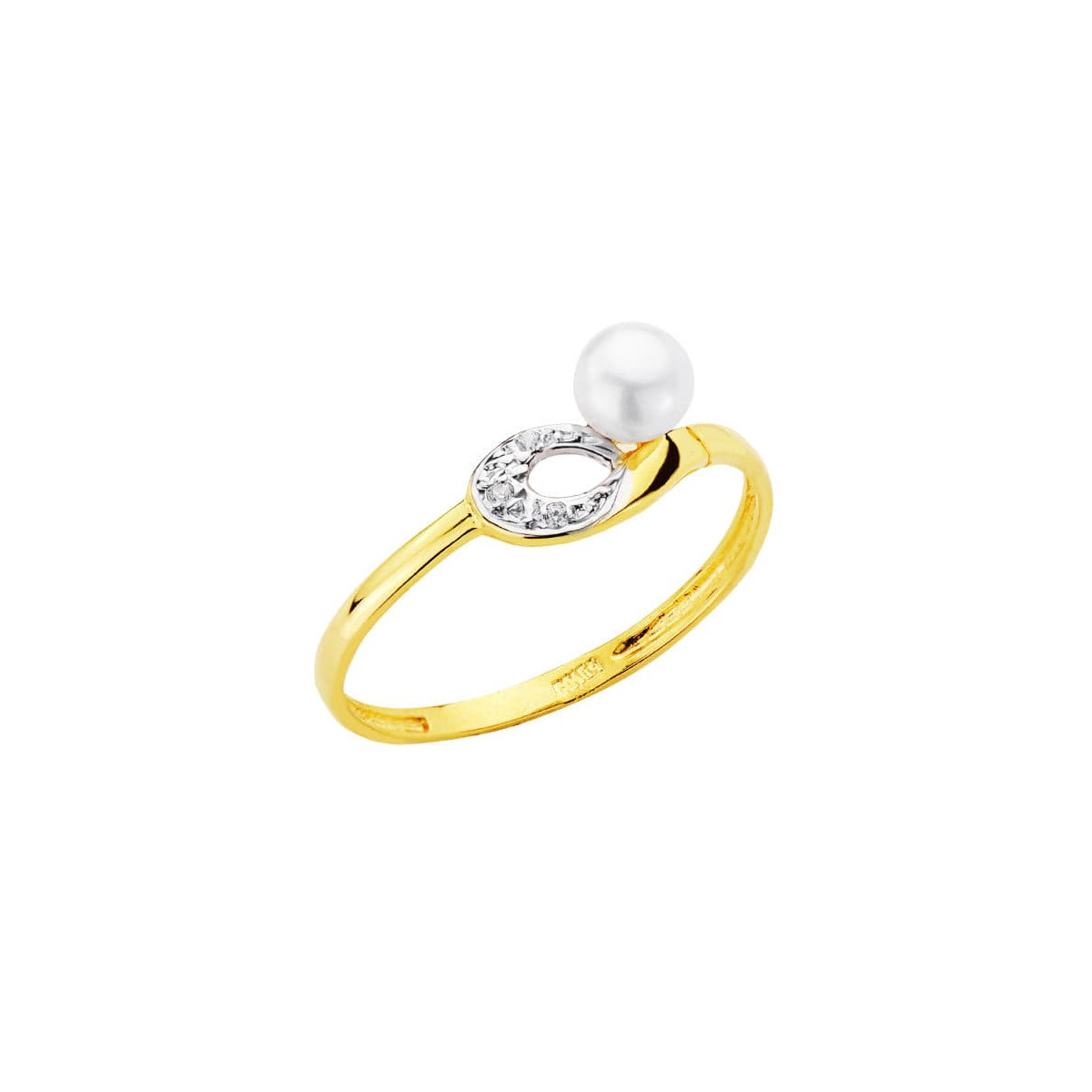 18K SORTIJA ORO BICOLOR MOTIVO CALADO CON PERLA DE 4 MM Y CIRCONITAS. ANCHO: 6,5 MM