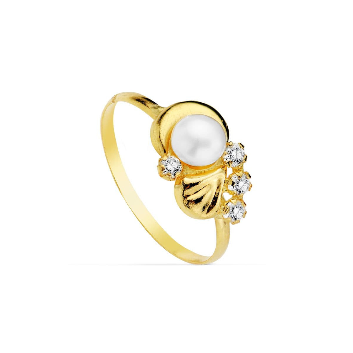 18K SORTIJA ORO AMARILLO MOTIVO CON PERLA 4MM Y CIRCONITAS. ANCHO: 7,5 MM