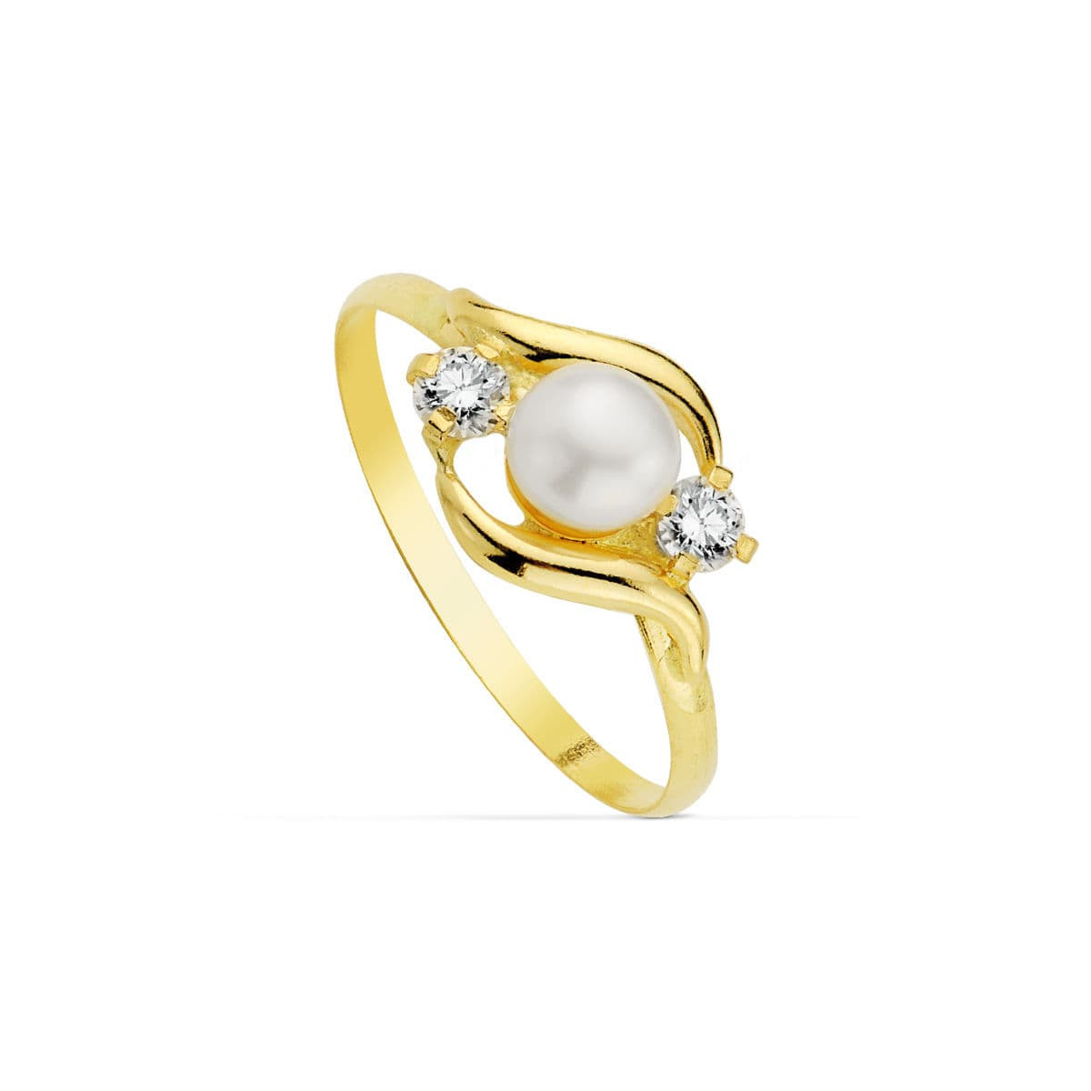 18K SORTIJA ORO AMARILLO MOTIVO CON PERLA 4,5MM Y CIRCONITAS. ANCHO: 8 MM