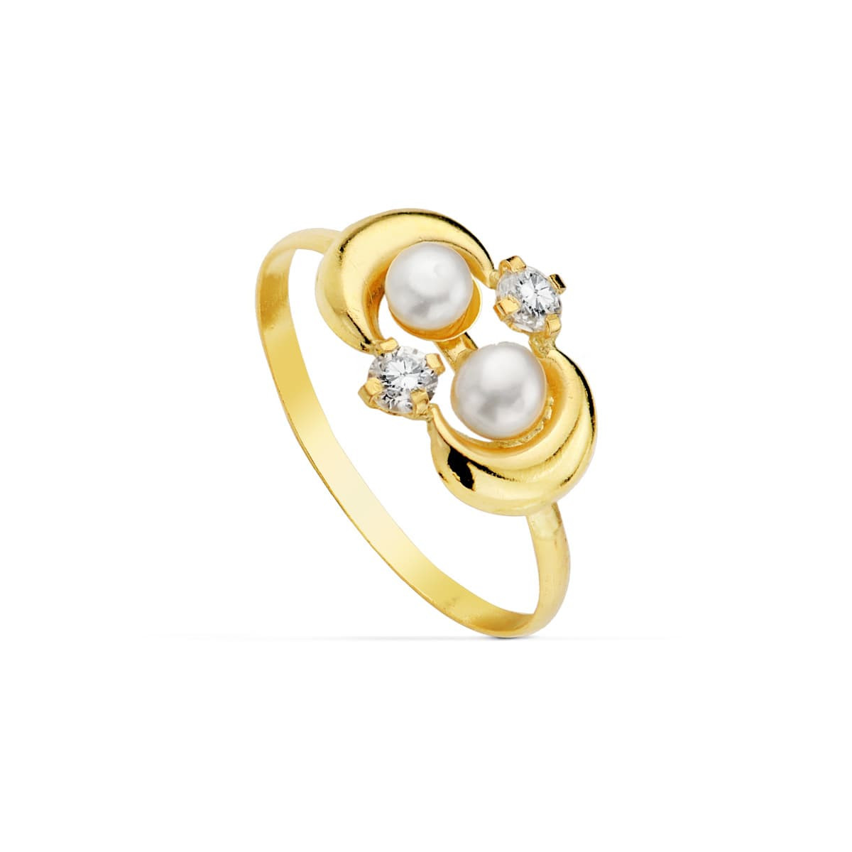 18K SORTIJA ORO AMARILLO MOTIVO CON DOS PERLAS Y CIRCONITAS. ANCHO: 7,5 MM