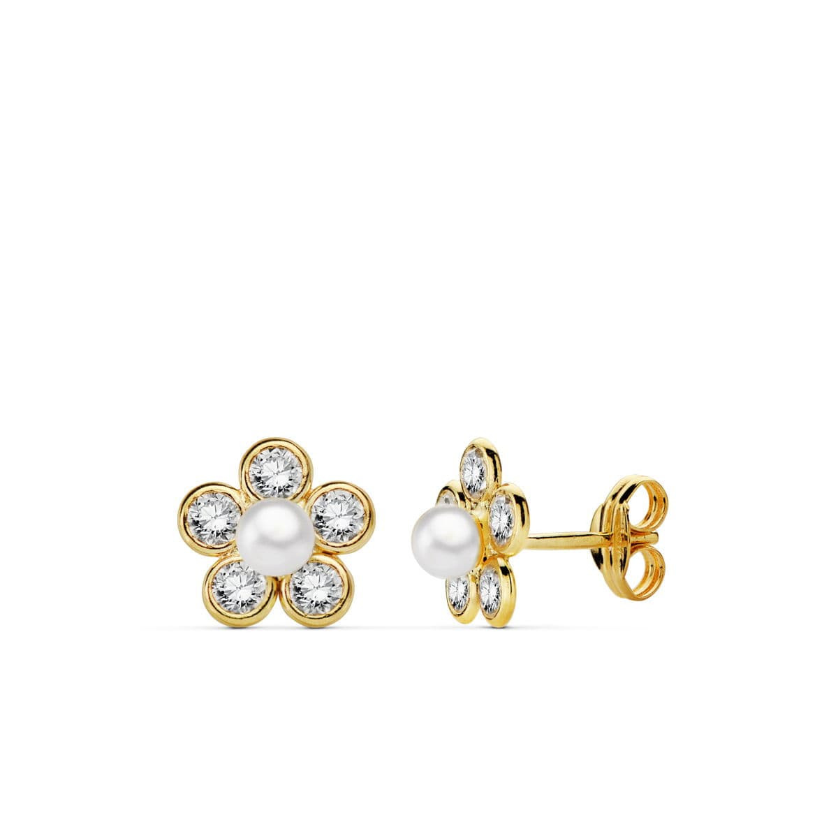 18K PENDIENTES ORO AMARILLO FLOR CIRCONITA 9X9 MM CIERRE PRESION