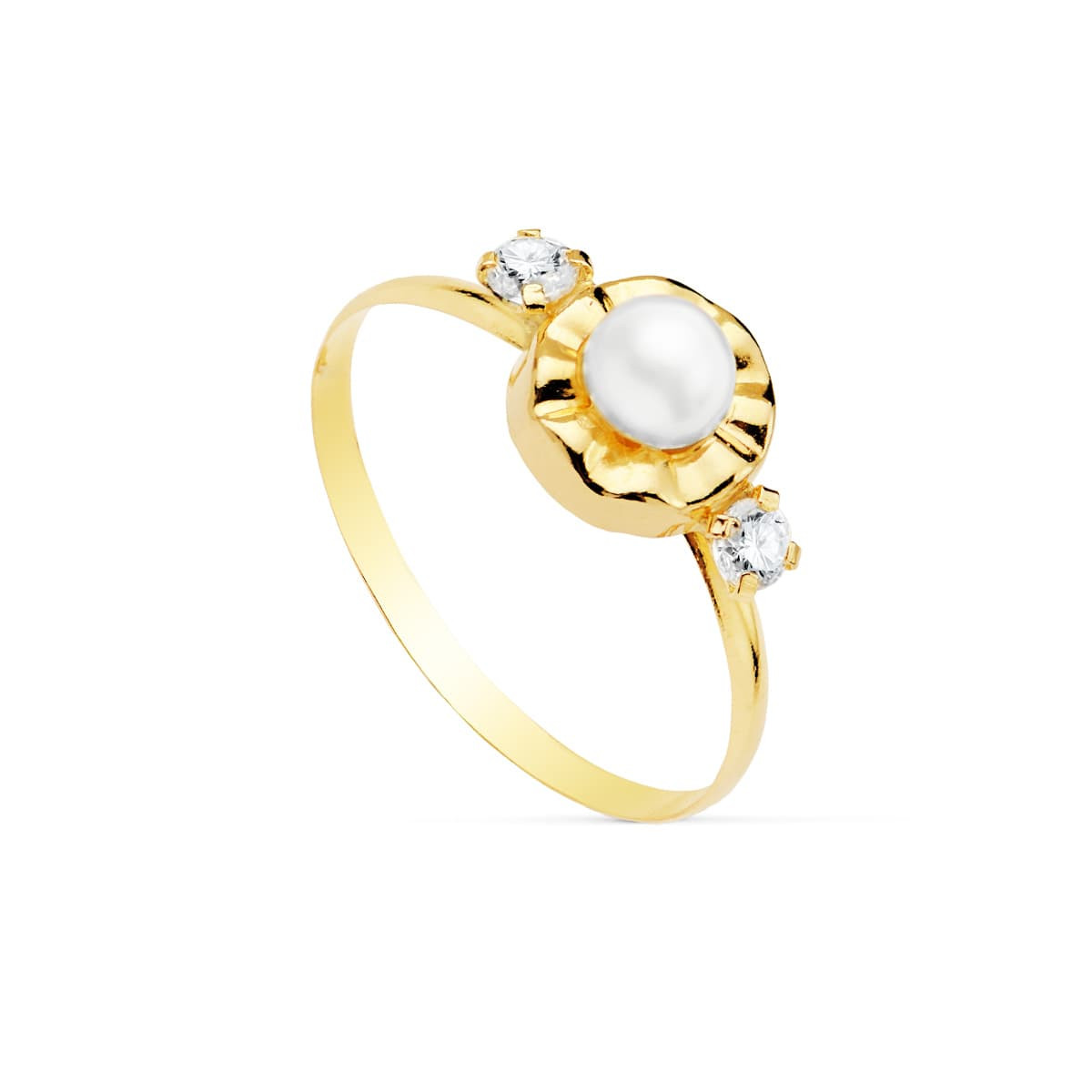 18K SORTIJA ORO AMARILLO CON CIRCONITAS Y PERLA DE 4 MM. ANCHO: 7 MM