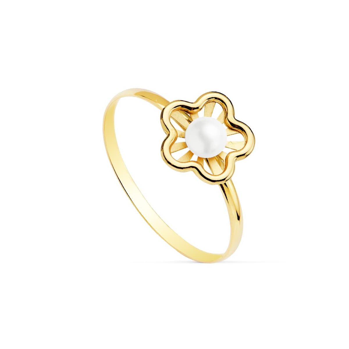 18K SORTIJA ORO AMARILLO FLOR CALADA CON PERLA DE 3 MM. ANCHO: 8 MM