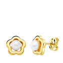 18K PENDIENTES ORO AMARILLO FLOR 8X8 MM PERLAS 4 MM PRESION 18K PENDIENTES ORO AMARILLO FLOR 8X8 MM PERLAS 4 MM PRESION