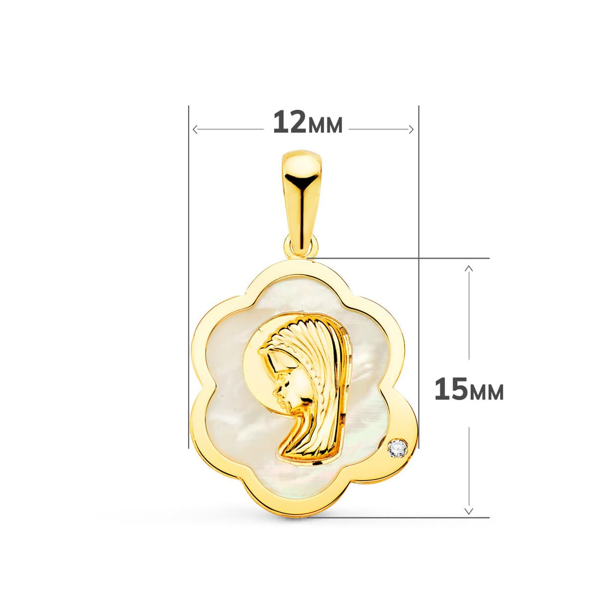 18K MEDALLA ORO AMARILLO VIRGEN NIÑA NUBE CON NACAR Y CIRCONITA 15X12 MM