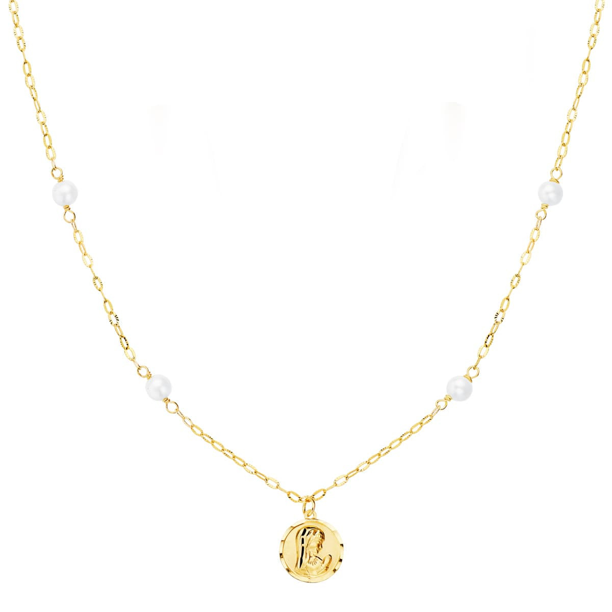 18K GARGANTILLA ORO AMARILLO VIRGEN NIÑA 8 MM PERLAS 3.5 MM CADENA FORZADA 40CM