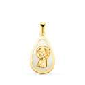 18K MEDALLA ORO AMARILLO GOTA CON NACAR BLANCO Y VIRGEN NIÑA 19X12 MM