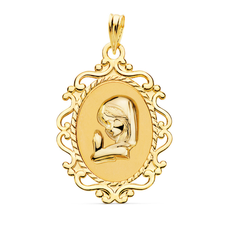 18K MEDALLA ORO AMARILLO VIRGEN NIÑA CERCO CALADO BRILLO 23X16 MM