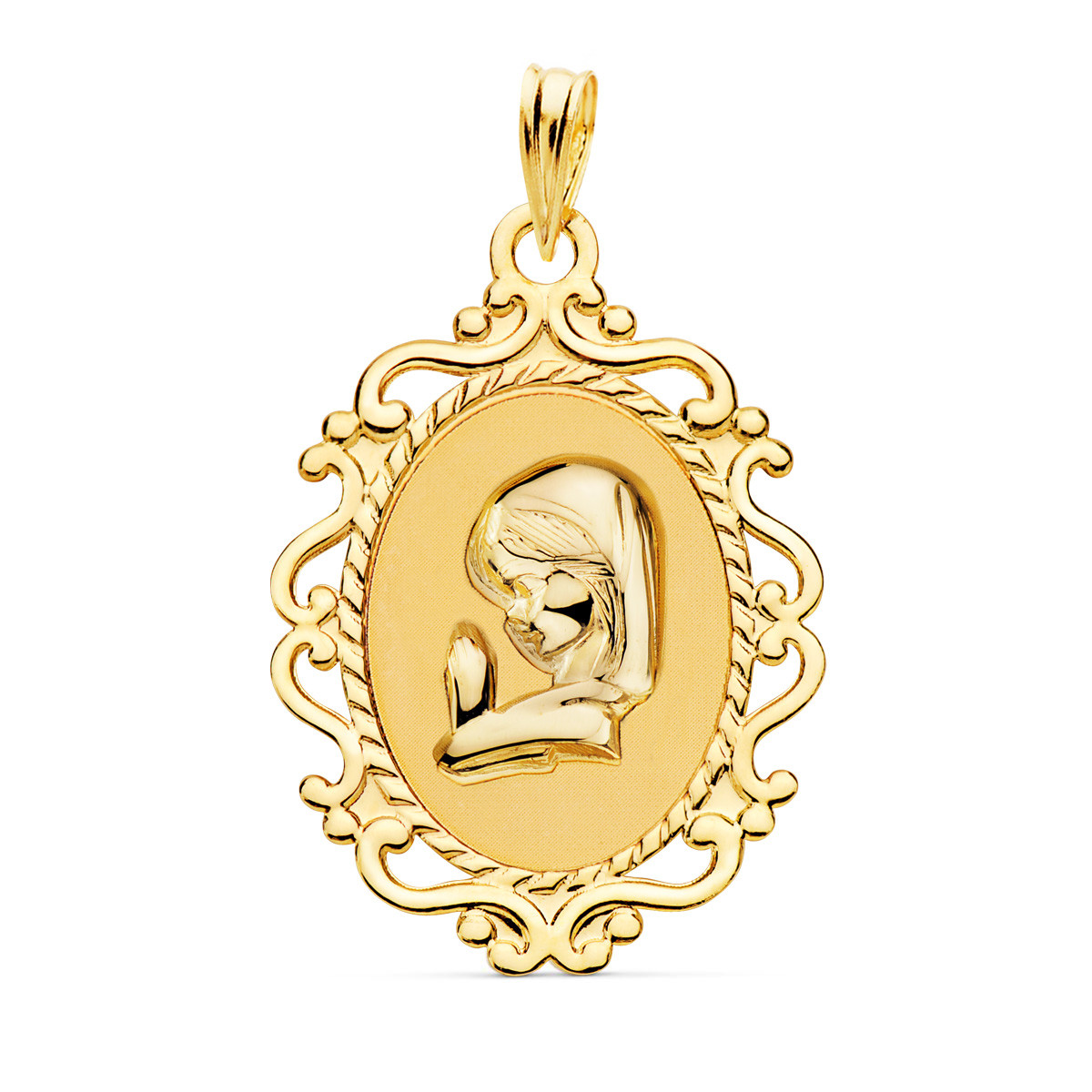 18K MEDALLA ORO AMARILLO VIRGEN NIÑA CERCO CALADO BRILLO 23X16 MM
