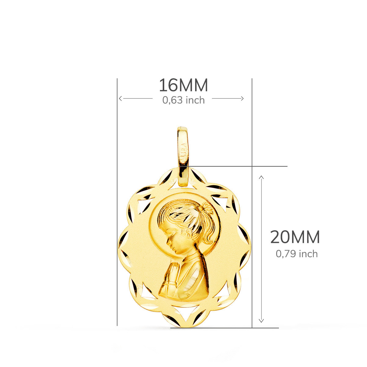 18K MEDALLA ORO AMARILLO HOJAS VIRGEN NIÑA PERFIL MATIZADA Y TALLADA 20X16 MM