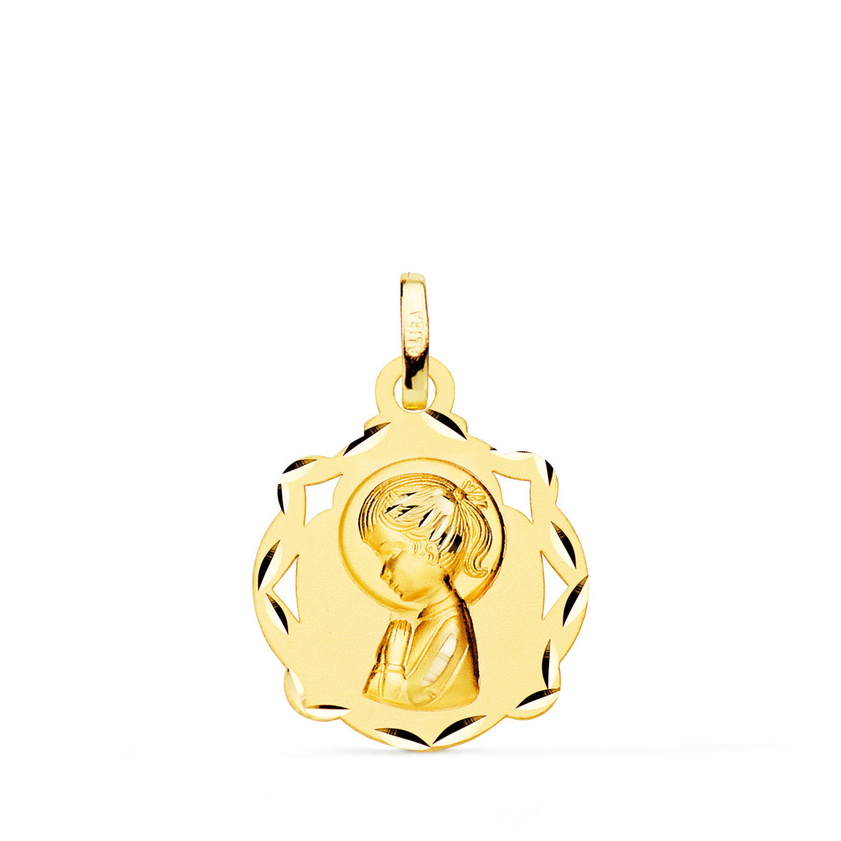 18K MEDALLA ORO AMARILLO CAPILLA VIRGEN NIÑA PERFIL MATIZADA 17X14 MM