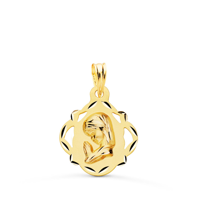 18K MEDALLA ORO AMARILLO VIRGEN NIÑA PANDERETA CALADA 19X16 MM